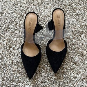 Schutz Pointed Black Suede Heel with Clear Strap